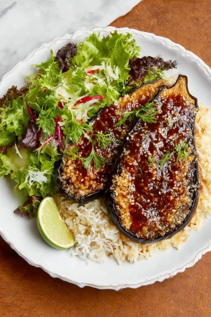 Miso-glazed aubergine over black rice